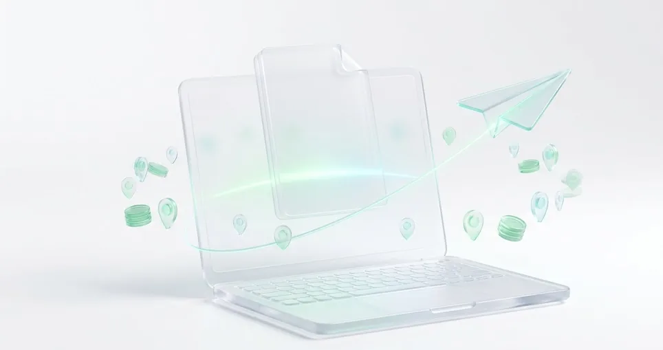 Portátil de cristal con un documento y un avión de papel despegando entre monedas, representando la exención del artículo 7.p del IRPF por trabajos en el extranjero