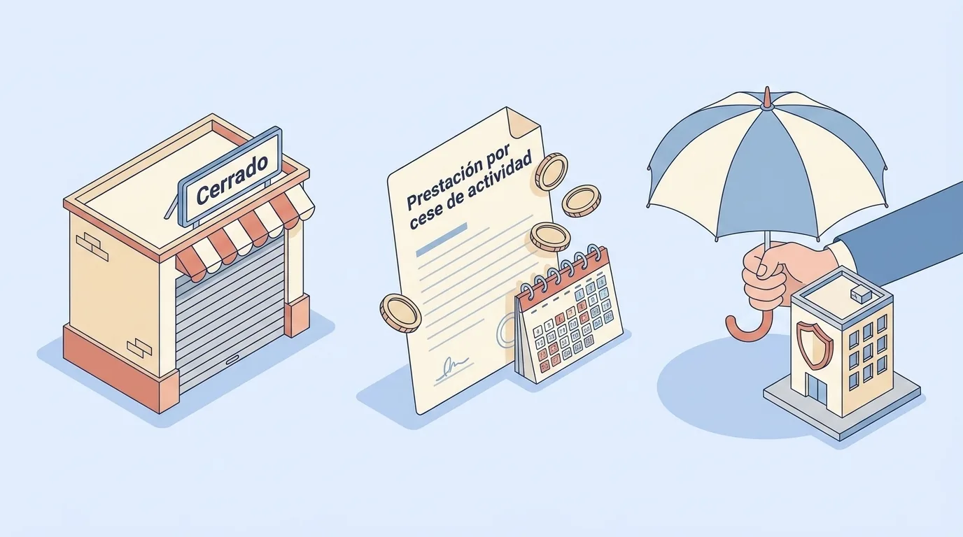 Ilustración isométrica del cese de actividad del autónomo con una tienda cerrada, un documento de prestación por cese y un paraguas protector sobre una oficina