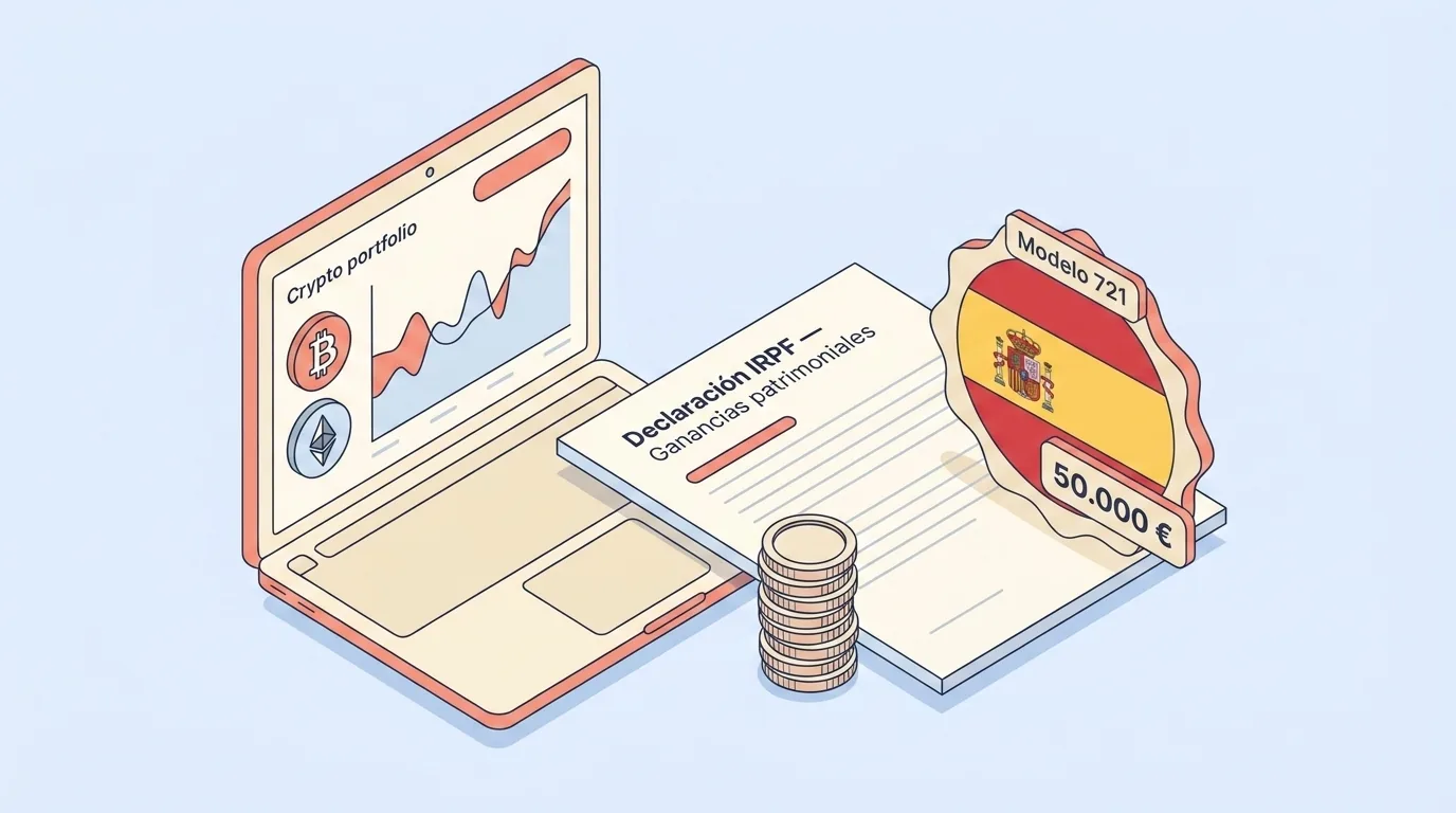 Ilustración isométrica de declaración IRPF 2026 con ordenador mostrando cartera cripto, formulario modelo 721 y gráfico FIFO para ganancias patrimoniales