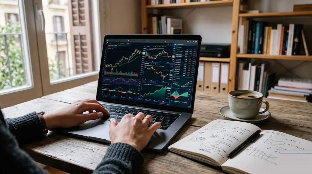 Fotografía de una persona ante un portátil consultando gráficas de inversión, en referencia a la fiscalidad del crowdlending y el crowdfunding