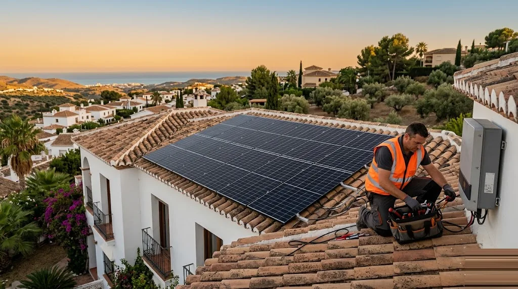 Técnico recogiendo herramientas junto a paneles solares recién instalados en el tejado de una vivienda española al atardecer: la instalación de autoconsumo renovable que da derecho a la deducción del IRPF de 2026