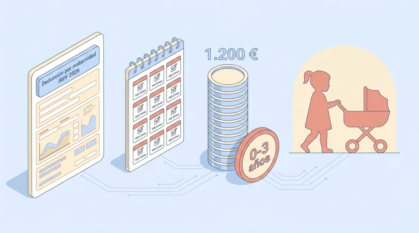 Ilustración isométrica de la deducción por maternidad IRPF 2026 con calendario de pagos mensuales de 100 euros, pila de monedas de 1.200 euros y símbolo de rango de edad 0-3 años