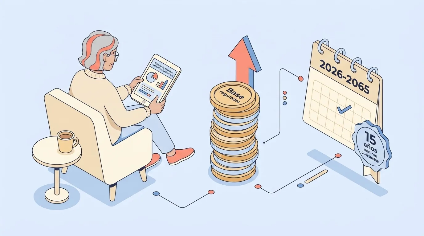 Ilustración isométrica de la jubilación del autónomo 2026 con persona mayor revisando el simulador de pensión, pila de monedas de base reguladora y calendario de cotización mínima de 15 años