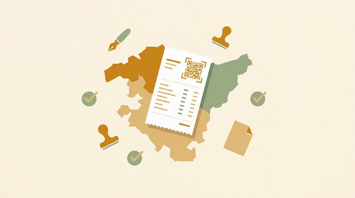 Ilustración editorial de un ticket de compra con código QR TBAI sobrepuesto a la silueta de los tres territorios históricos del País Vasco