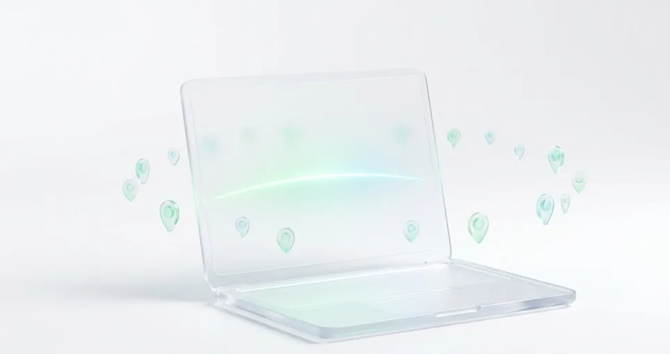 Portátil de cristal rodeado de marcadores de ubicación, representando al nómada digital que trabaja desde cualquier lugar y tributa en España